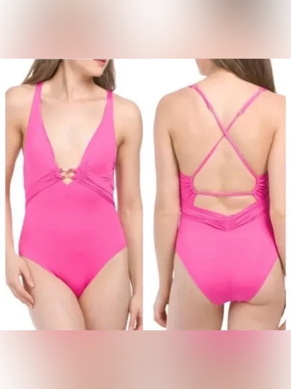 NEW Trina Turk Monaco Chain Plunge One Piece Swimsuit in Rose Pink Size 10